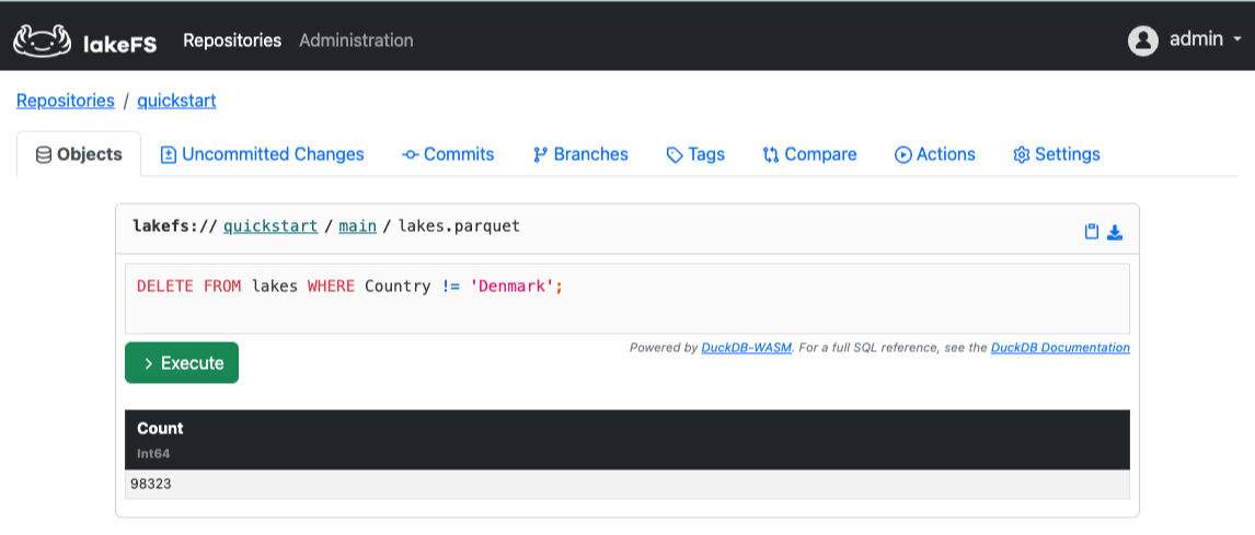 The DuckDB editor pane deleting rows from the lakes table