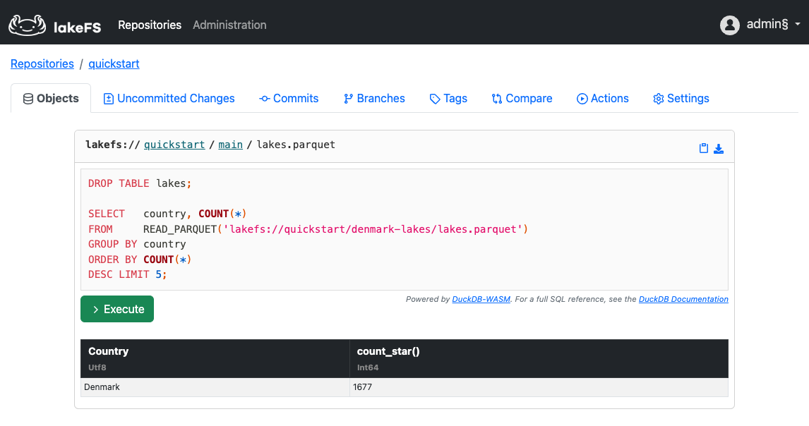 The DuckDB editor pane show the parquet file on denmark-lakes branch has been changed