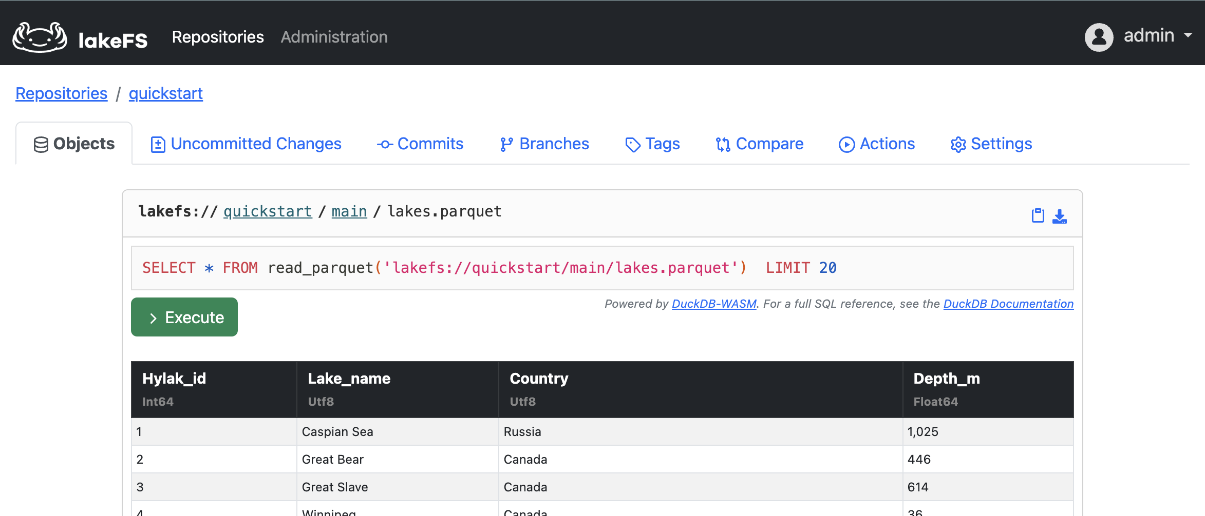 The lakeFS object viewer with embedded DuckDB to query parquet files. A query has run automagically to preview the contents of the selected parquet file.