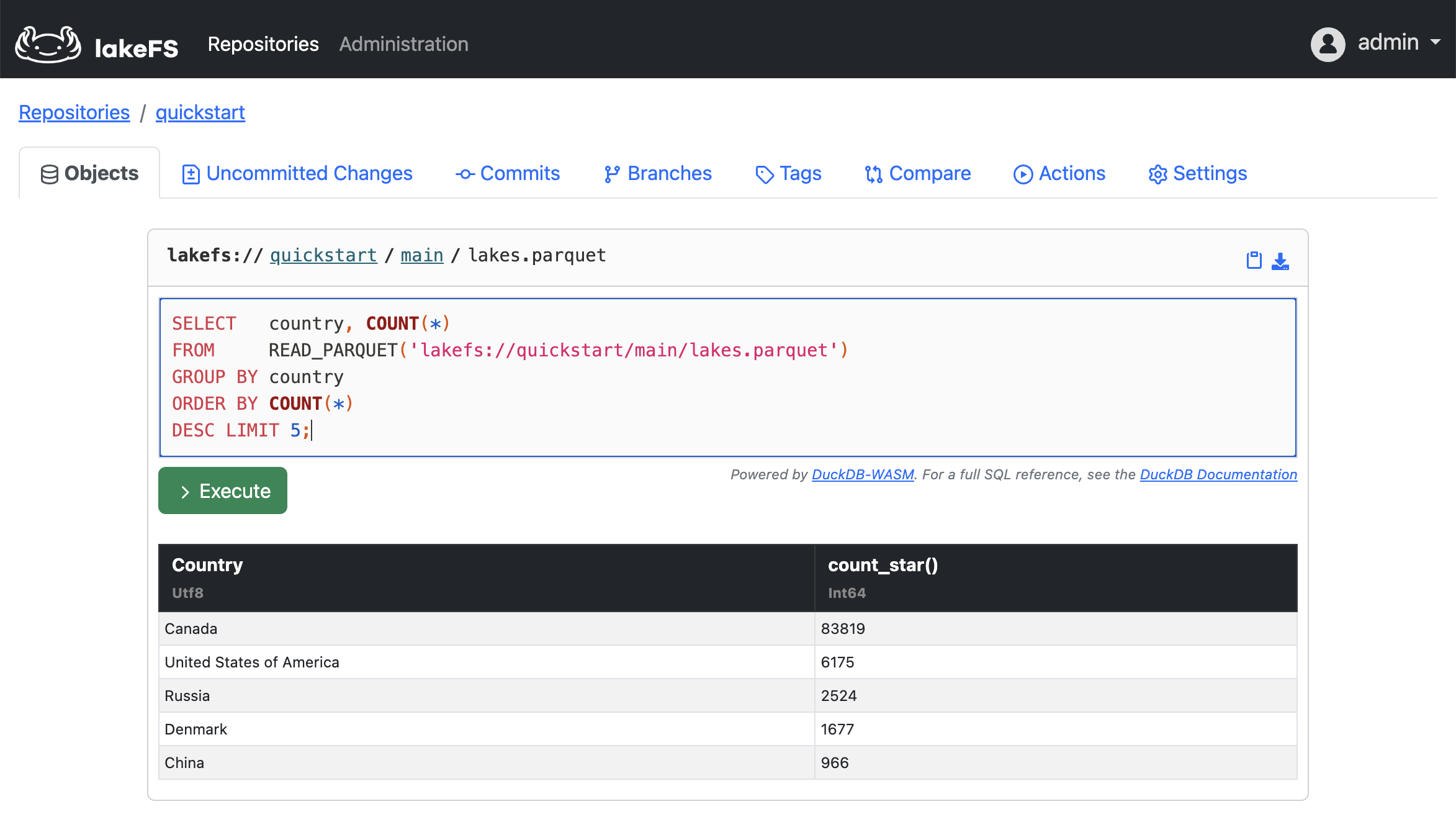 The lakeFS object browser showing DuckDB querying lakes.parquet on the main branch. The results are the same as they were before we made the changes to the denmark-lakes branch, which is as expected.