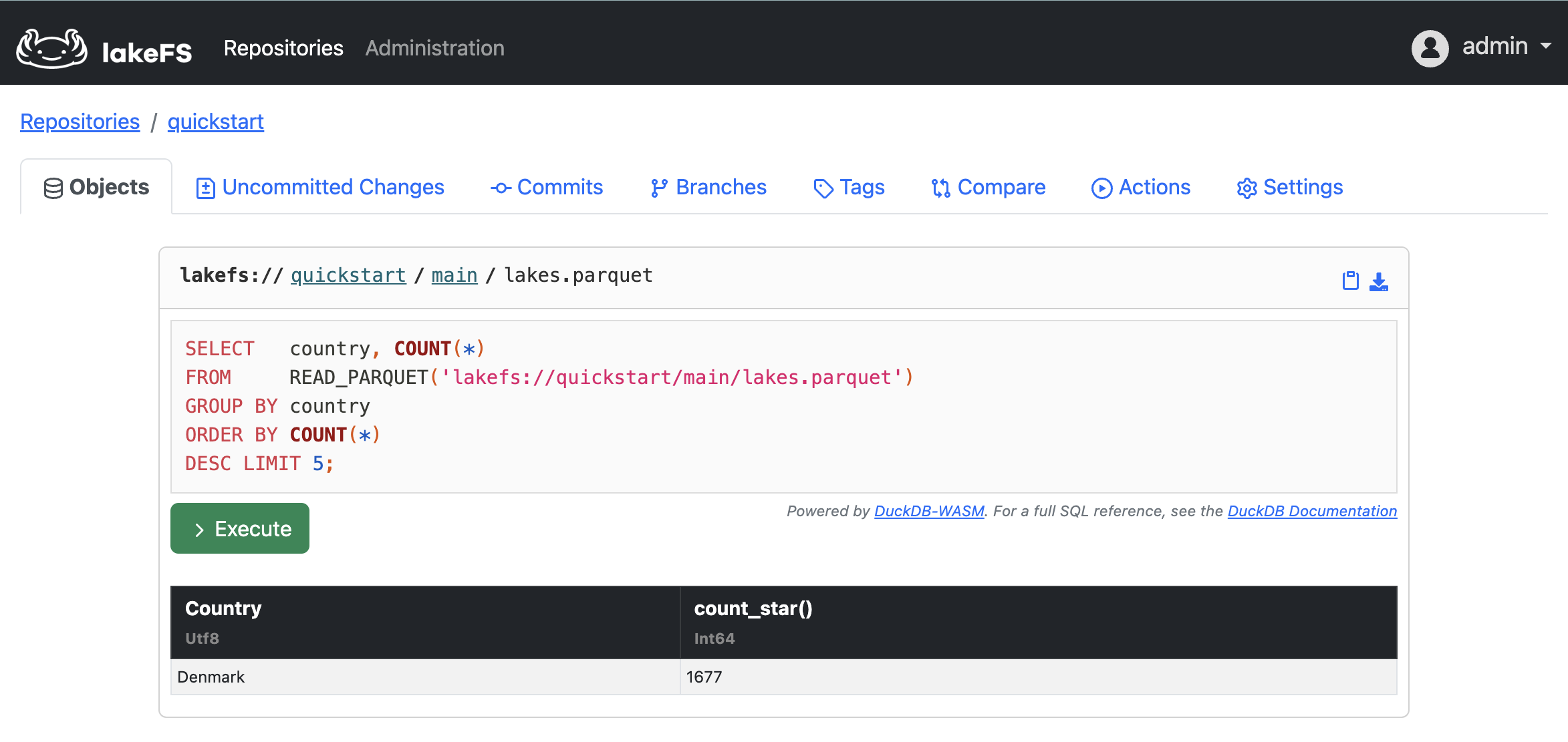 The lakeFS object browser with a DuckDB query on lakes.parquet showing that there is only data for Denmark.