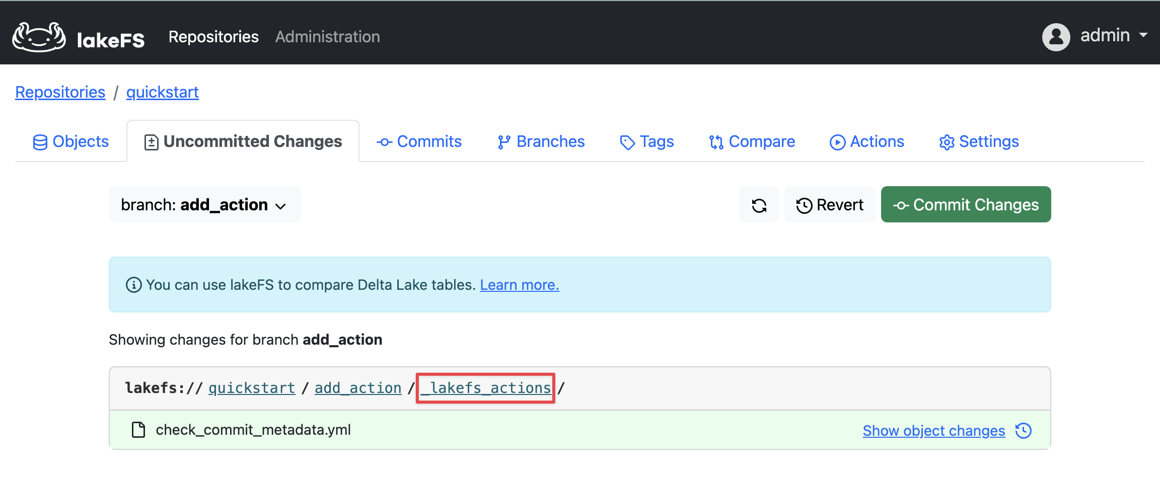 lakeFS Uncommitted Changes view showing a file called `check_commit_metadata.yml` under the path `_lakefs_actions/`