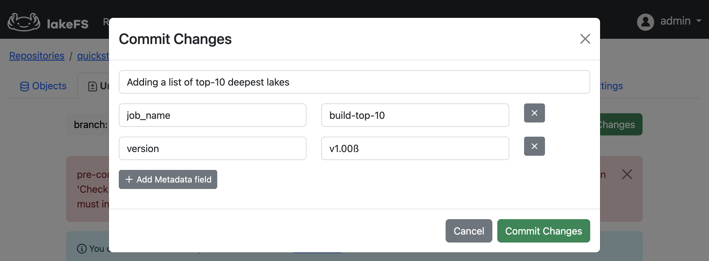 A commit to lakeFS with commit message and metadata in place