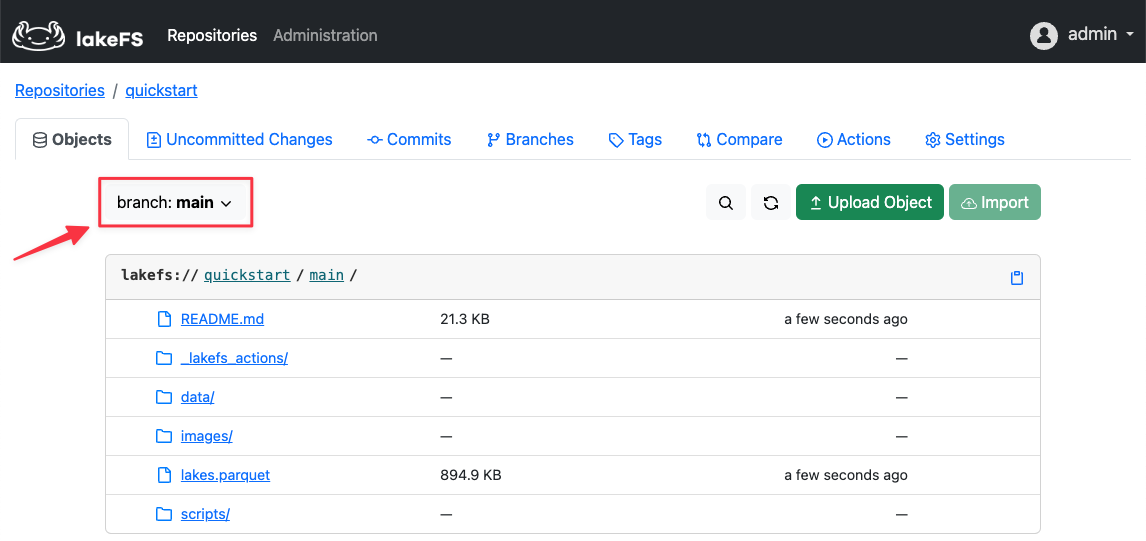 The lakeFS objects list with a highlight to indicate that the branch is set to main.